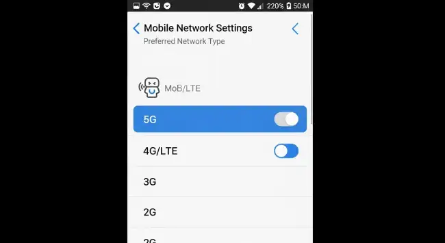 ภาพหน้าจอการตั้งค่าเครือข่ายบนมือถือที่แสดงตัวเลือก 5G