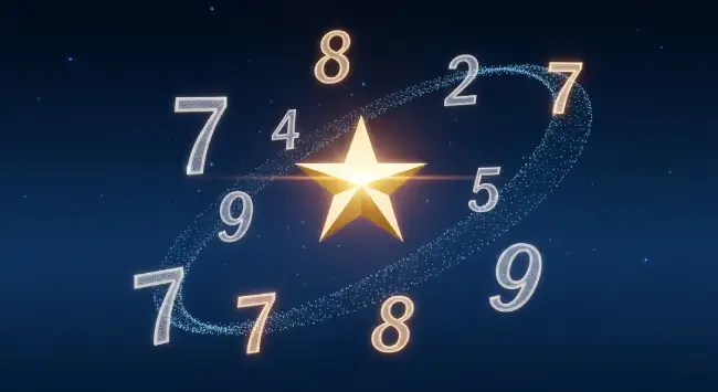 ภาพตัวเลขมงคลต่างๆ ลอยอยู่รอบสัญลักษณ์ดวงดาว